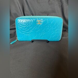 CHANEL Camellia Embossed CC Zip Around Turquoise Wallet